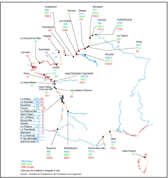 Figure 1-3 :  Données relatives aux matériaux dragués dans les ports français en 1994, 1995 et 1996