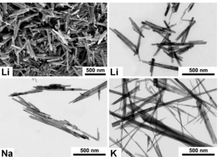 Fig. 2.10  Clihés FESEM et TEM d'éhantillons de ryptomélane obtenus par médiamutation