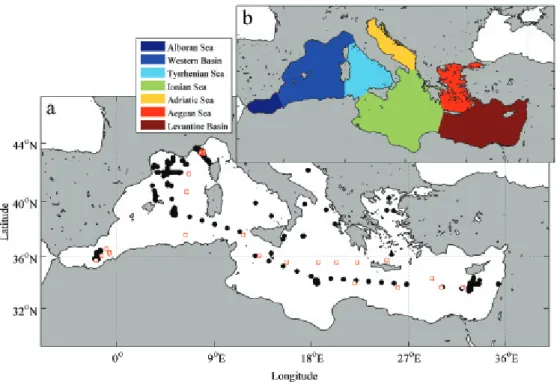 Figure 2.1: (a) Location of particle size distribution proles (black dots) and sediment traps deployments (red open squares) in the Mediterranean Sea