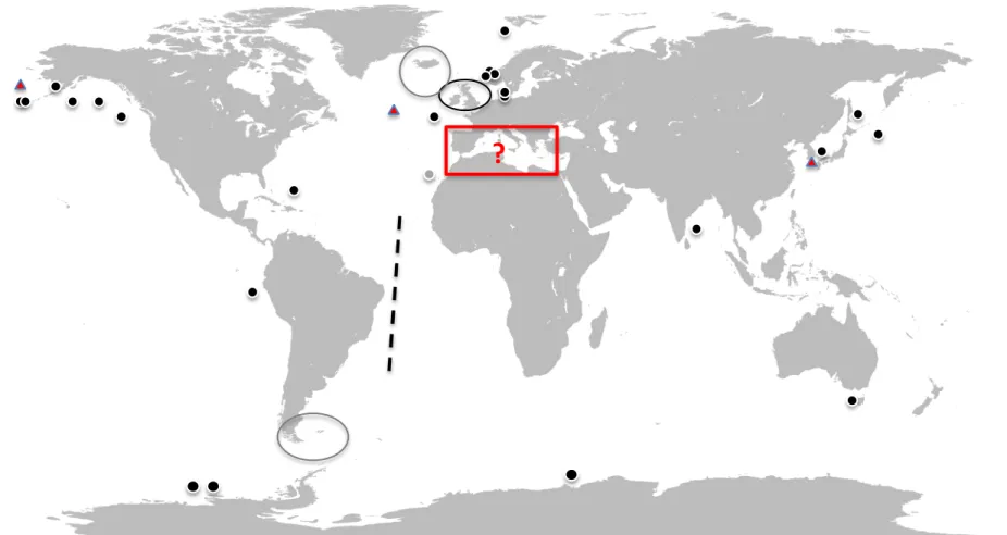 Figure I-5. Map showing locations of experiments on ocean acidification (OA; black points) or ocean acidification and warming (OA + OW; red  triangles)  effects  on  the  plankton  community  undertaken  from  1990  to  2014