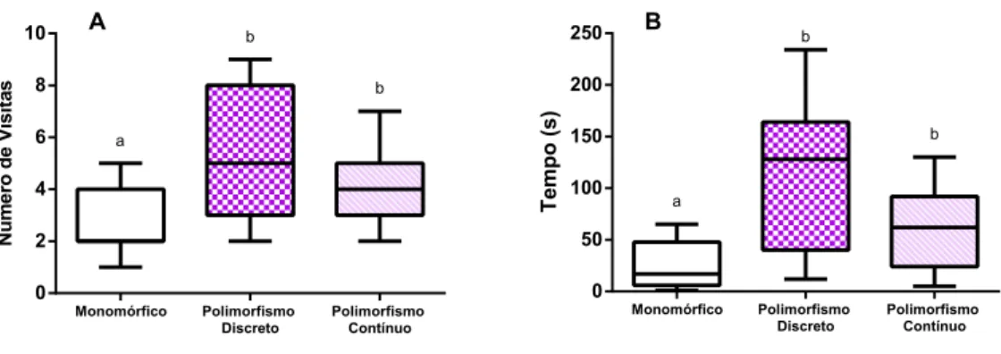 Fig. 3. Experimento 2: o papel do polimorfismo de cor no número de flores visitadas e no tempo de visita