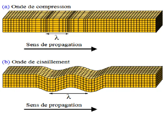 Figure 2.2-6 Propagation d'un déplacement sous deux formes : comme une onde de compression  (haut) ou de cisaillement (bas) 