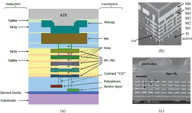 Figure  2.1  :  Technologie  CMOS  SOI  65-nm;  vue  en  coupe  de  la  technologie  (a),  photographie  des  interconnexions (b) et des îlots métalliques (dummies) (c) [3]