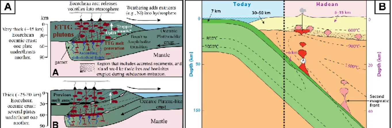Figure 8 : Deux exemples de modèles de tectonique primitive. A) Sagduction avec une composante  horizontale (d’après Hastie et al., 2016)
