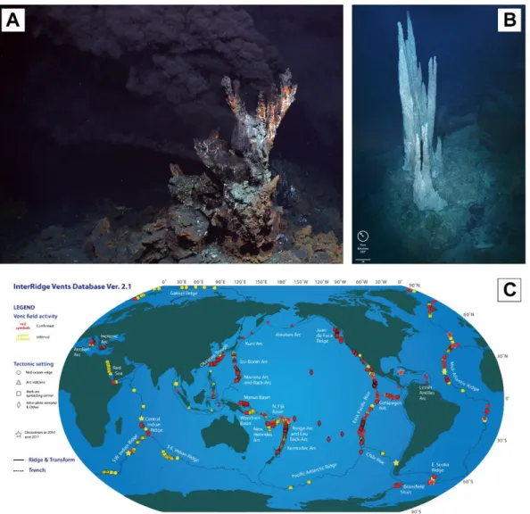 Figure 11 : Photographies d’une cheminée de fumeur noir (A) et de fumeur blanc (B). C) La carte  de distribution des sytèmes hydrothermaux sous-marins modernes recensés dans la base de donnée  InterRidge Vents