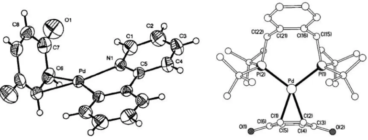 Figure 2 : Structures de diffraction aux rayons X des complexes [Pd(bpy)(BQ)] (à gauche) et  [Pd(dtbpx)(BQ)] (à droite)