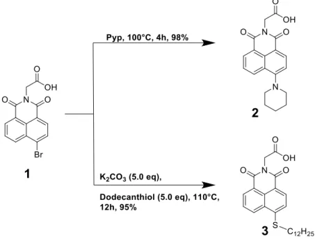 Figure  30 :  Substitution  nucléophile  aromatique  permettant  d’obtenir  les  8-thio  et  8-amino  naphtalimide