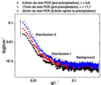 Figure IV-1. SAXS dispersion des courbes à 5,5 min, 17 min (avant la précipitation) et 22 min (0,5  min après la précipitation) lié à un essai PCR avec [Ca 2+ ]=200mg L -1 