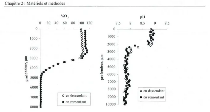 Figure 2. 33 : Evolution de l'oxygène et du pH dans une carotte de sédiment. Influence de la montée/descente.