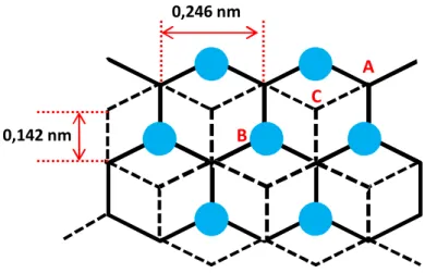 Figure II-12 : Vue de dessus de la surface de graphite. Seuls les atomes B (en bleu) sont observés en STM