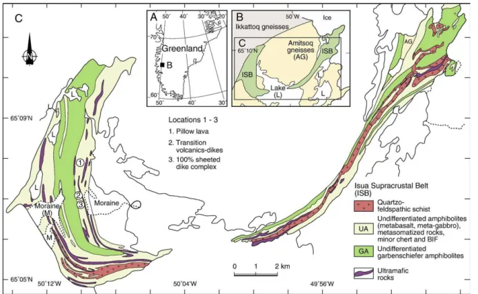 figure  14 :  localisation et nature  des  terrains  de  la  chaîne  supracrustale  d’Isua,  Groenland