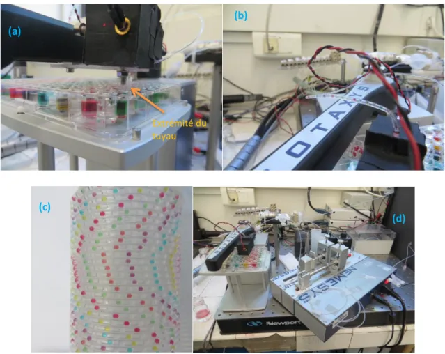 Figure II-23 : Photographies du montage permettant d’extraire une goutte de volume constant dans chaque puits