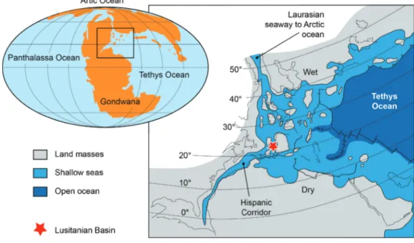 Figure 3 - Location of the Lusitanian Basin during the Early Jurassic in the western Tethys epicontinental sea (modified  after Bassoulet et al., 1993)