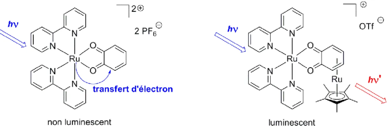 Figure I.19 Le fragment &#34;Cp*Ru&#34; empêche le quench de la luminescence. 