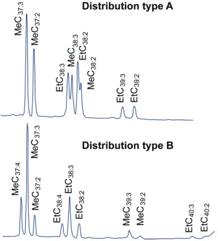 Figure 1-3. Chromatogrammes illustrant les deux types de distributions d’alcénones. Le type A est  caractéristique d’environnements océaniques, alors que le type B est rencontré dans des  environnements côtiers ou lacustres (modifié d’après Grimalt et Lope