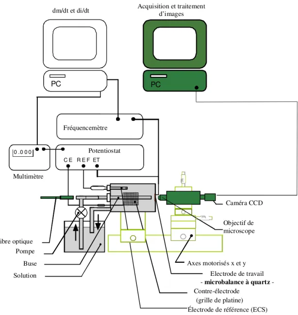 Fig. II. 2 : Dispositif expérimental pour les mesures in situ et simultanées de  masse,  courant et optique