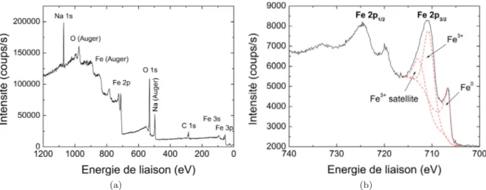 Fig. 5. Spectres XPS (a) g´ en´ eral et (b) du niveau de cœur Fe 2 p de l’acier C15 apr` es 60 h d’immersion ` a E corr en solution NaOH 0,1 M