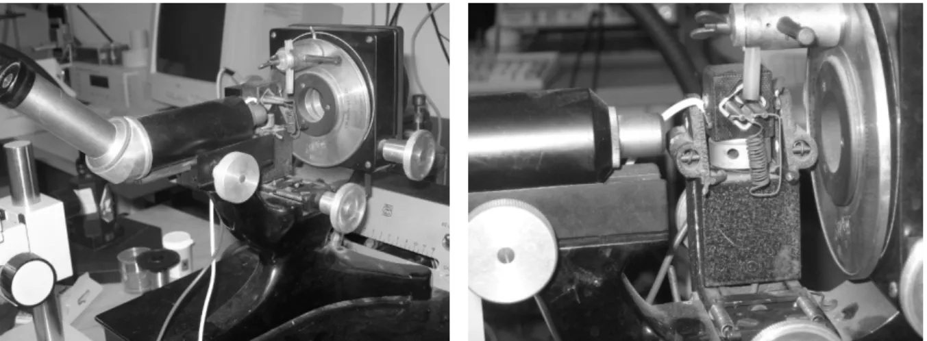 Figure 23 : Photos de la microforge utilisée pour sceller le fil de platine 