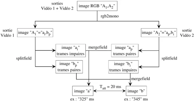 Figure I-19.  Schéma  d'acquisition  d'images  &#34;pleine  résolution&#34;  en  mode  50  images  par  seconde en utilisant les deux sorties vidéo de la caméra