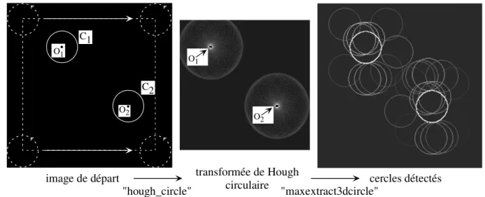 Figure I-21.  Utilisation  de  la  transformée  de  Hough  circulaire  pour  détecter  les  2  cercles  C 1  et C 2  dans l'image de départ