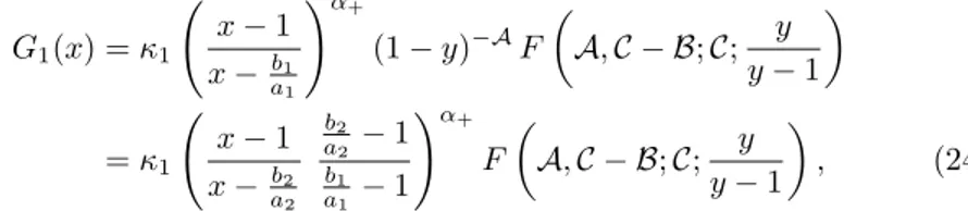 Figure 3 – Le cas o` u a 1 = 2,5. Les fonctions g´en´eratrices G 1 (x) (ligne continue) et G 2 (x) (en pointill´e) sont trac´ees en fonction de x et calcul´ees en utilisant la matrice M (N) avec N = 4000
