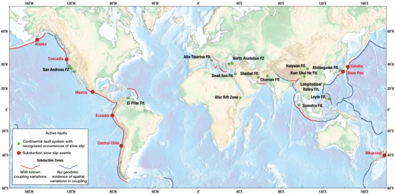 Figure 1. Slow slip happens wherever we look for it. Colored dots highlight where slow slip has been observed; red dots highlight observations at subduction zones; green dots indicate slow slip on continental fault systems