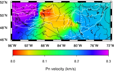 Figure 4. Heat flow in the Superior Province. The large white circles show the land heat flow measurement sites