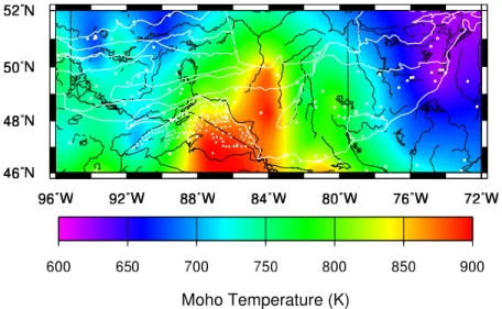 Figure 5. Absolute temperature at the Moho calculated for model A (constant thermal conductivity k = 2.5 W m 1 K 1 , uniform crustal heat production, and an imposed Moho heat flow Q m = 15 mW m 2 ).