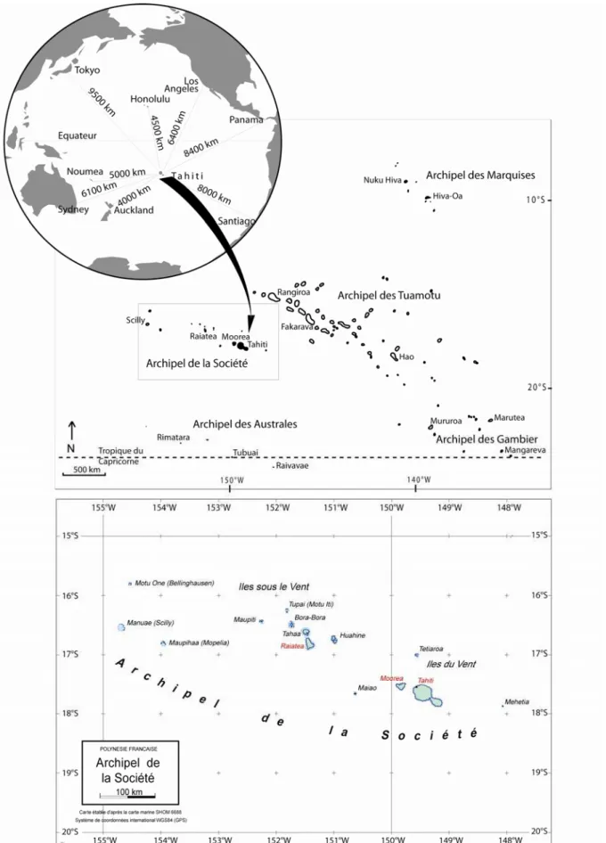 Figure 2 : localisation de la Polynésie française dans le Pacifique (en encart), carte des cinq archipels, et de l’archipel  de la Société