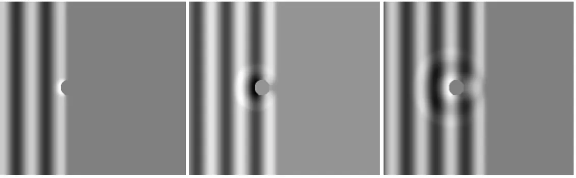 Figure 3.3: TLM simulation of a monochromatic plane wave scattered by a perfectly reflecting cylinder; distribution of pressure magnitude at three