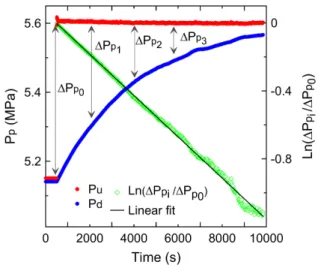 Figure 3. Example of the permeability test based on the pore pressure transmission technique (Metwally &amp; Sondergeld 2011), where P p is pore pressure, while P u and P d are pore pressure up- and downstream of the rock sample, respectively