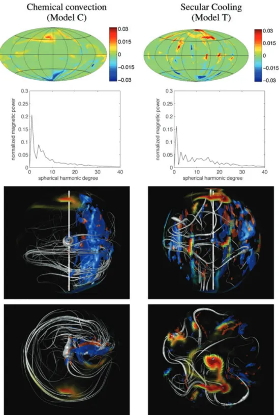 Figure 2. Magnetic field and flow morphologies from a chemically driven model (C, f i = 1), and a model driven by secular cooling (T, f i = 0)