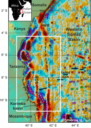 Figure 1. Map of the westernmost part of the West Somali Basin. The black line indicates the extinct ridge axis (Sauter et al., 2016)