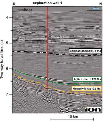 Figure 4. Seismic re ﬂ ection pro ﬁ le AA 0 with superimposed interpretation (after Sauter et al