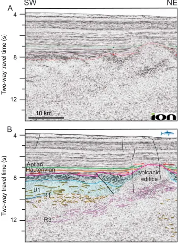 Figure 9. Seismic re ﬂ ection pro ﬁ le FF 0 with superimposed interpretation. Vertical exaggeration: ~1×