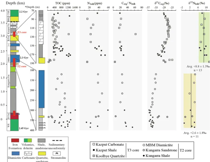 Fig. 3. Total organic carbon (TOC) and nitrogen contents (both in ppm), isotope compositions ( ‰ ), and C org /N bulk molar ratio of the Turee Creek samples (symbols as in Fig