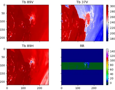 Figure 1: Three of the four input brightness temperatures ([K])  of  GMI  from  an  orbit  on  2018-02-17  and  the  associated   co-located  surface  rain  rate  ([mm.hr -1 ])  from  DPR  presented  as  layers of an image of 221x256 pixels