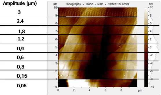 Figure 2-17: Image topographique d'un échantillon de HOPG pour différentes amplitudes d'oscillation (entre 0,03 µm et 1,5  µm)