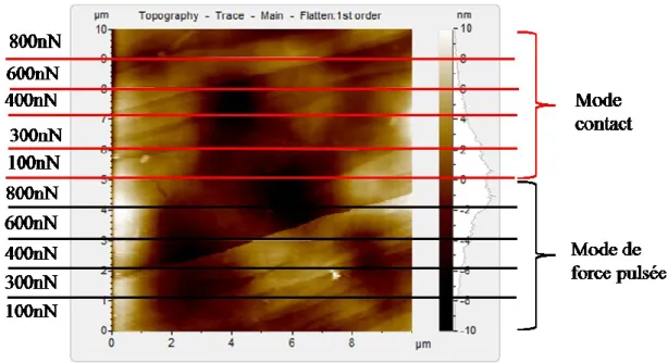 Figure 2-18: Image topographique d'un échantillon de HOPG acquise à différentes forces d’appui (entre 100nN et 800nN),  en mode contact et en mode force pulsée