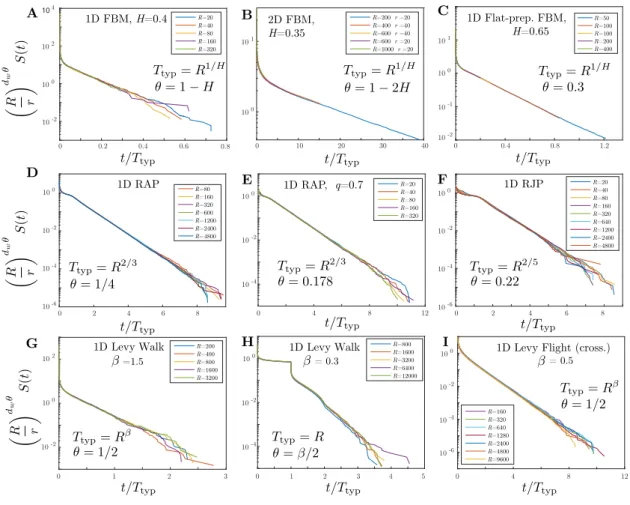 Figure 9 – Dépendance universelle de la densité de FPT avec les paramètres géométriques pour les processus compacts