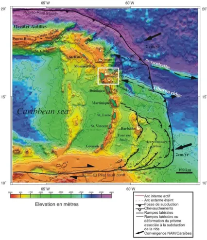 Figure 1. Geodynamical map of the Lesser Antilles showing the old extinct arc (dotted  redline) and the recent active are (plain red line)