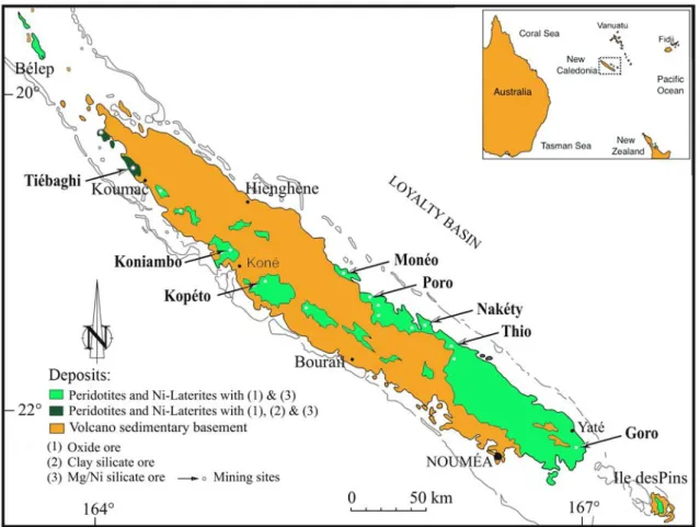Figure 1.4 – Simplified geological map of New Caledonia. Types of Ni ores and investigated mining sites.(Modified from Fritsch et al., 2016).