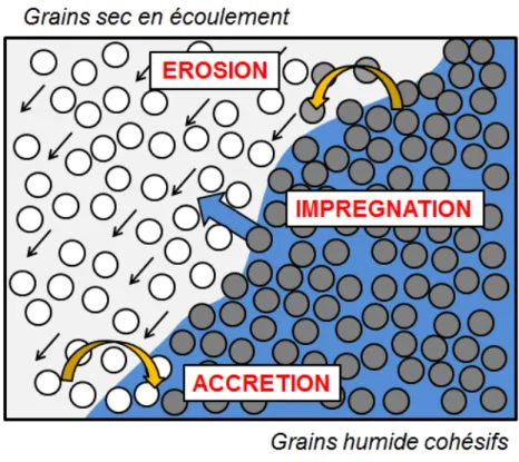Fig. 1.26 Schéma des différents phénomènes d’échanges entre une phase granulaire sèche en écou- écou-lement et une phase granulaire humide.