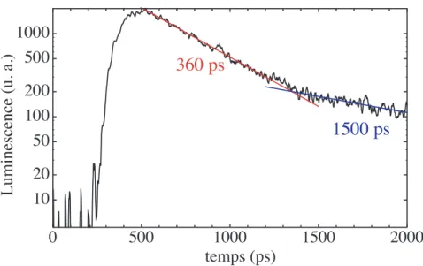 Figure 1.18 : Déclin temporel de la photoluminescence sous excitation non-résonnante. Temps court : 360 ps