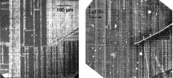 Fig. 3.14: Image Kerr de domaines magn´etiques dans la couche 93L06-ag `a T = 1,8 K (gauche) et image en microscopie polaris´ee, avec polariseur et analyseur l´eg`erement d´ecrois´es, `a temp´erature ambiante (droite)