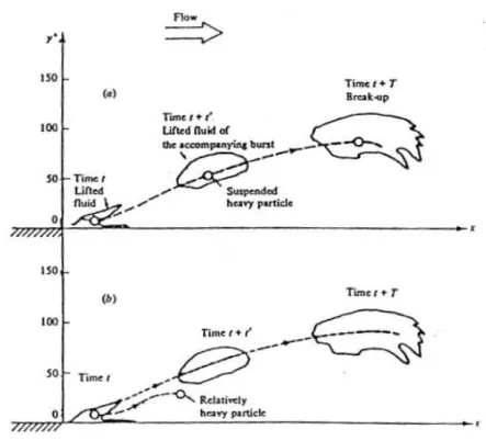 Figure II-12 : Trajectoires typiques d’une particule entrainée par une éjection, (a) cas d’une particule  légère, (b) cas d’une particule lourde (Sumer and Deigaard, 1981)  