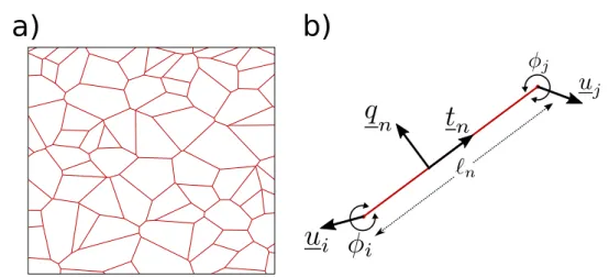 Figure 1.1 – a) Exemple de réseau fibreux dans le plan généré par une méthode de Voronoï.