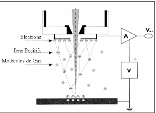 Figure 2.2 Représentation schématique de l’ionisation d’un gaz dans la chambre de l’ESEM 