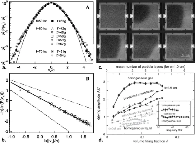 Figure 1.7 – a. et b. Distributions des vitesses pour un gaz granulaire vibré en 2 dimensions (graphiques extrait de [48])