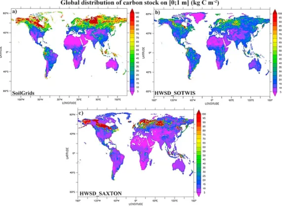 Figure 1. Global distribution of carbon stock on the (0, 1 m) upper layer in the global scale (kg C m  2 ) and for the different databases.